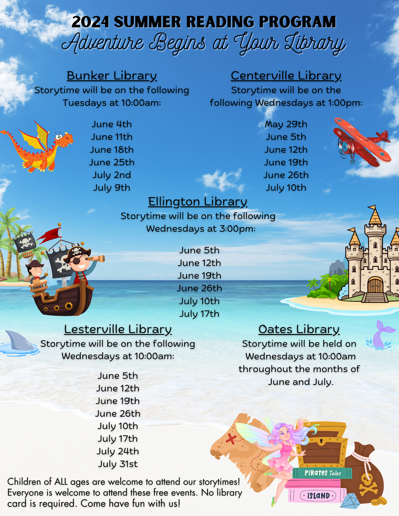 Copy of 2024 Summer Reading Program  June 3rd-July 31st Adventure Begins At Ellington Library! Summer Storytime Schedule Wednesday, June 5th at 300pm Wednesday, June 12th at 300pm Wednesday, June  (1).png