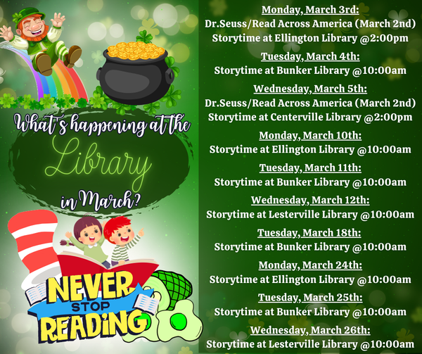 March Storytime schedule: Bring the kids & join us for storytimes this month!  All kids are welcome! We hope to see you there!