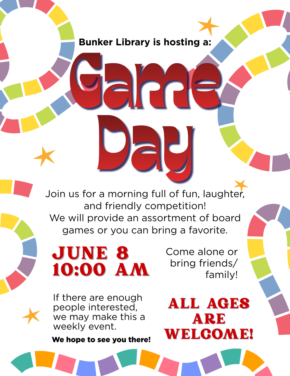Join us on Monday, June 8th at 10:00am at Bunker Library for Game Day!  We will provide an assortment of board games.  All ages are welcome!  Come play with us!
