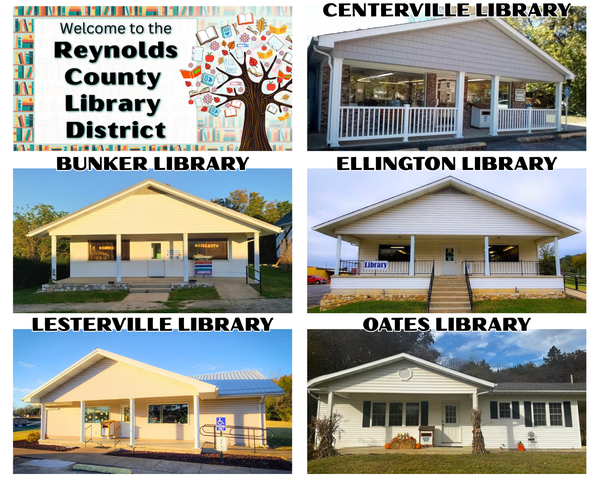 Photo collage showing a picture of all 5 Reynolds County Libraries