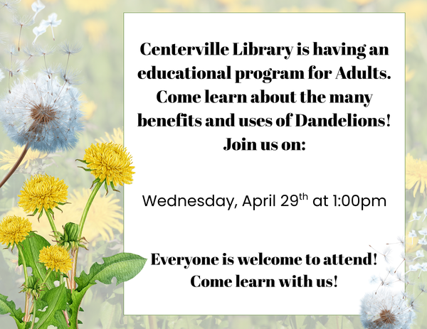 Learn about Dandelions' benefits and uses at Centerville Library April 29th at 1:00pm