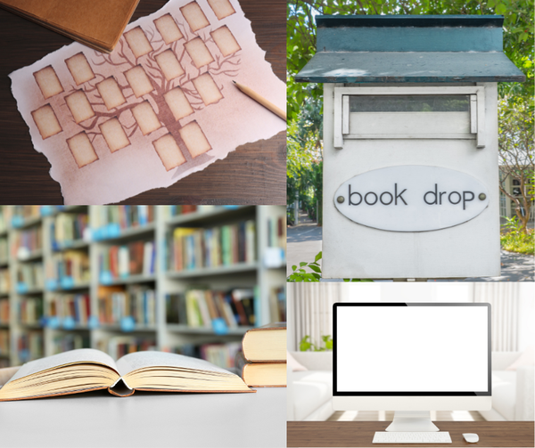 Decorative image showing a genealogy chart, drop box, bookshelves, and a computer