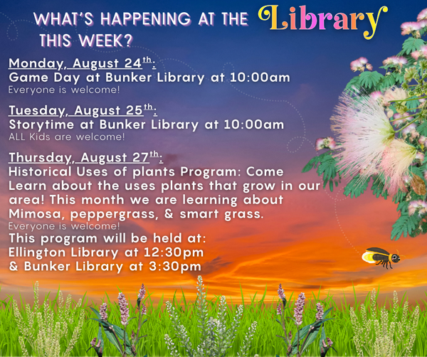 Decorative Image showing this week's events.  See events calendar for more information.