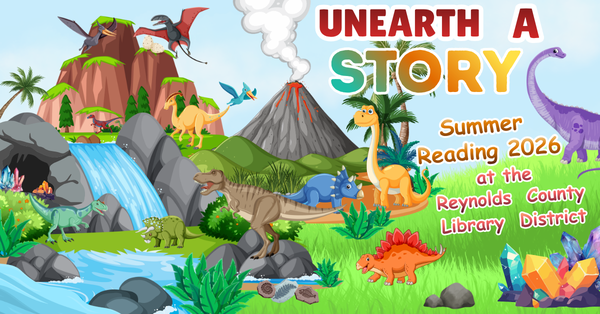 Unearth A Story Image featuring a scene with several dinosaurs and the Summer Reading Program slogan: Unearth a Story