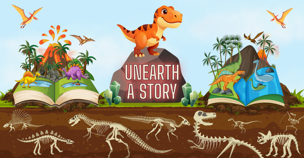 Unearth A Story page footer Image with the Summer Reading Slogan: "Unearth a Story" depicting 2 books bursting open from the ground with dinosaur scenes emerging from their pages over various dinosaur skeletons underground