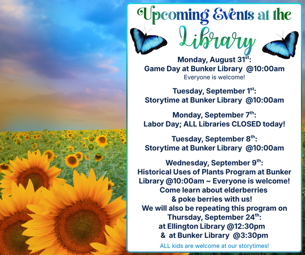 Decorative image listing upcoming library events.  See events calendar for more.