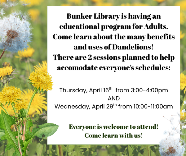 Learn about dandelions at Bunker Library (see EventsCalendar for April 16 & 29 for info)